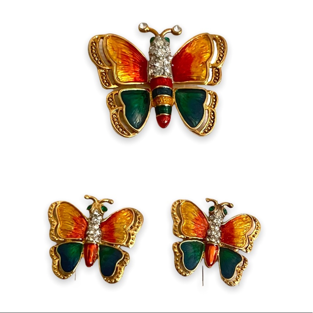 Vintage Author's Brooch & Earrings Set Butterfly Enamel & Diamond 750 Gold
